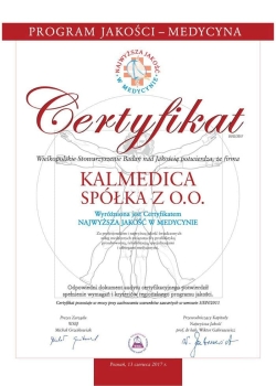 wielkopolskie stowarzyszenie badań nad jakością potwierdza że firma kalmedica wyróżniona jest certyfikatem najwyższa jakość w medycynie